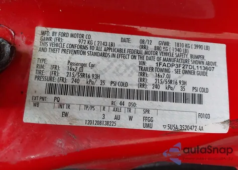 2013 Ford Focus Se from USA, damaged, VIN 1FADP3F27DL113607